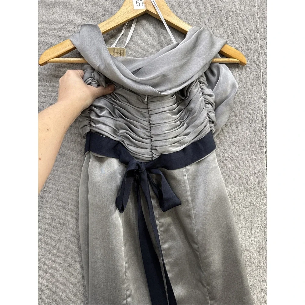 Silver Beaded Gown Sz‎ 6 Y2K Ruched Bodice Evening Dress Formal Glam - Picture 6 of 16